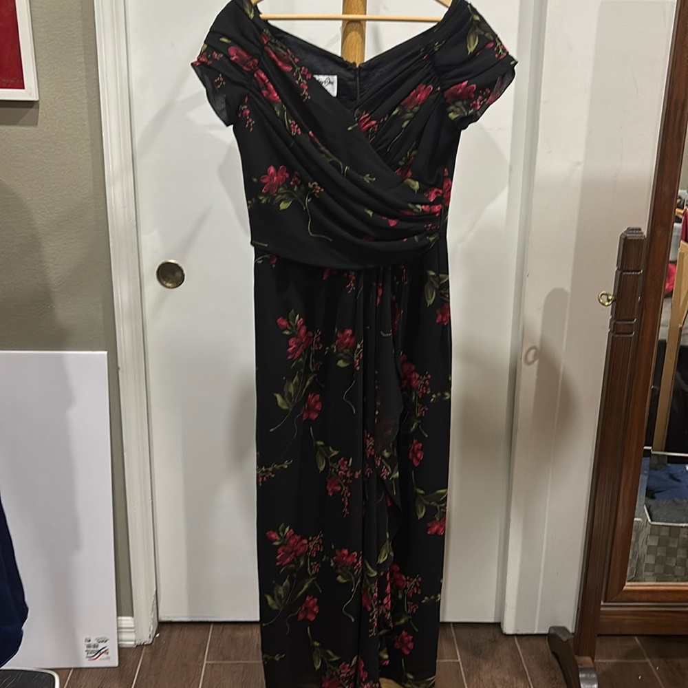 Long Black/Red dress with floral design, zipper at the back , size 10